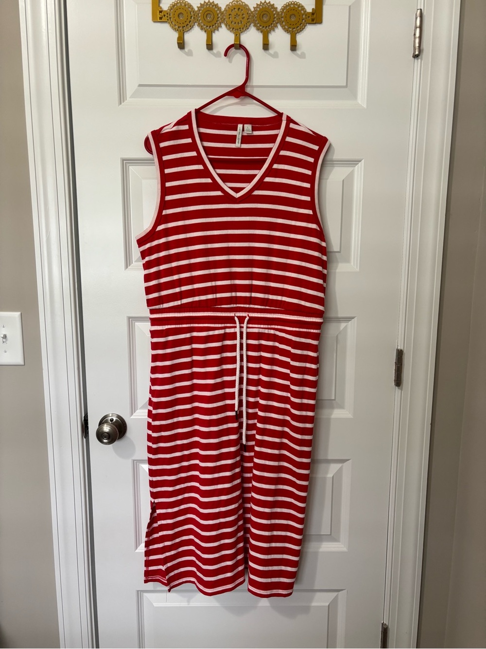 Red & White Striped Sleeveless Drawstring Dress